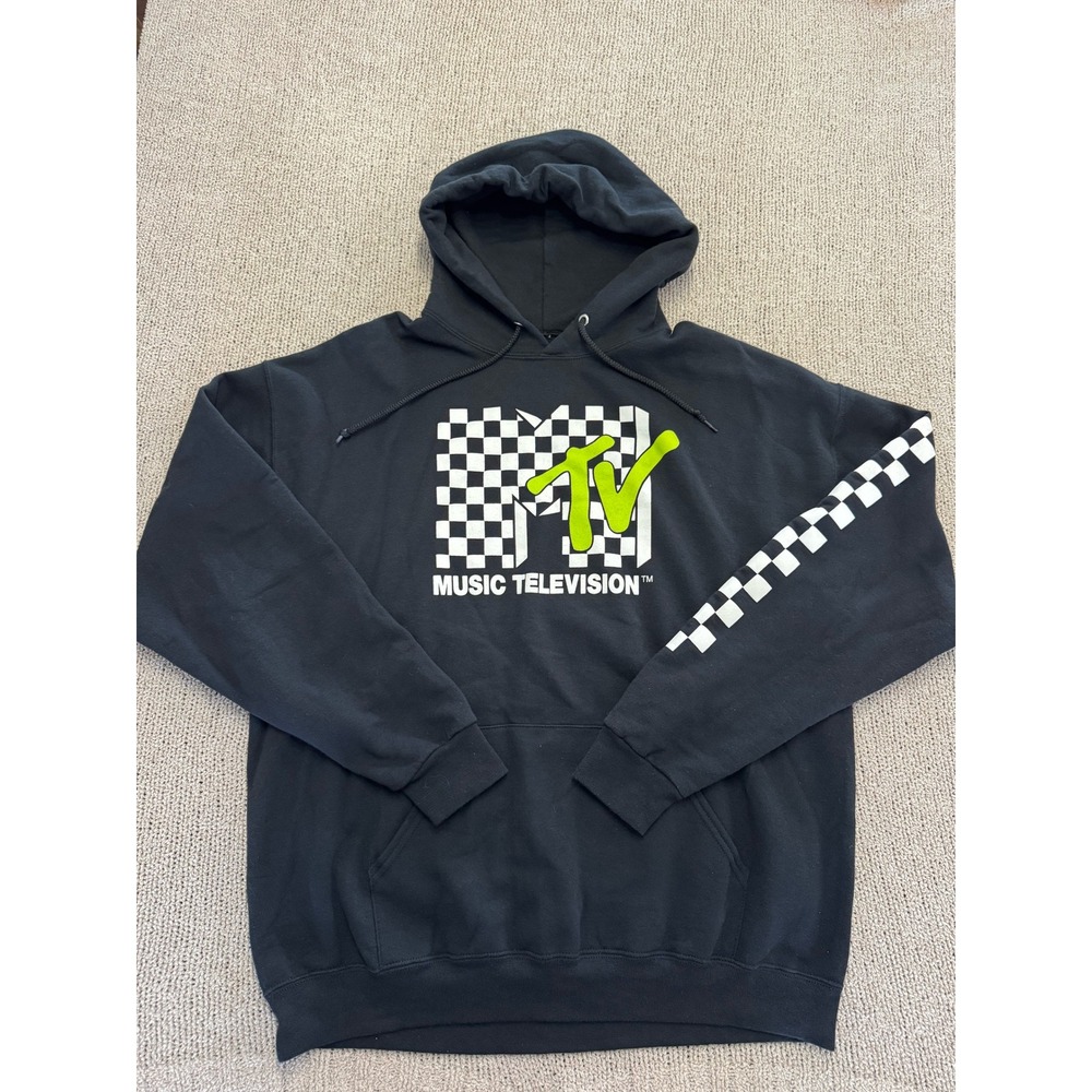 MTV Music Television Mens XL Black Graphic Hoodie Checkered Neon Green Logo